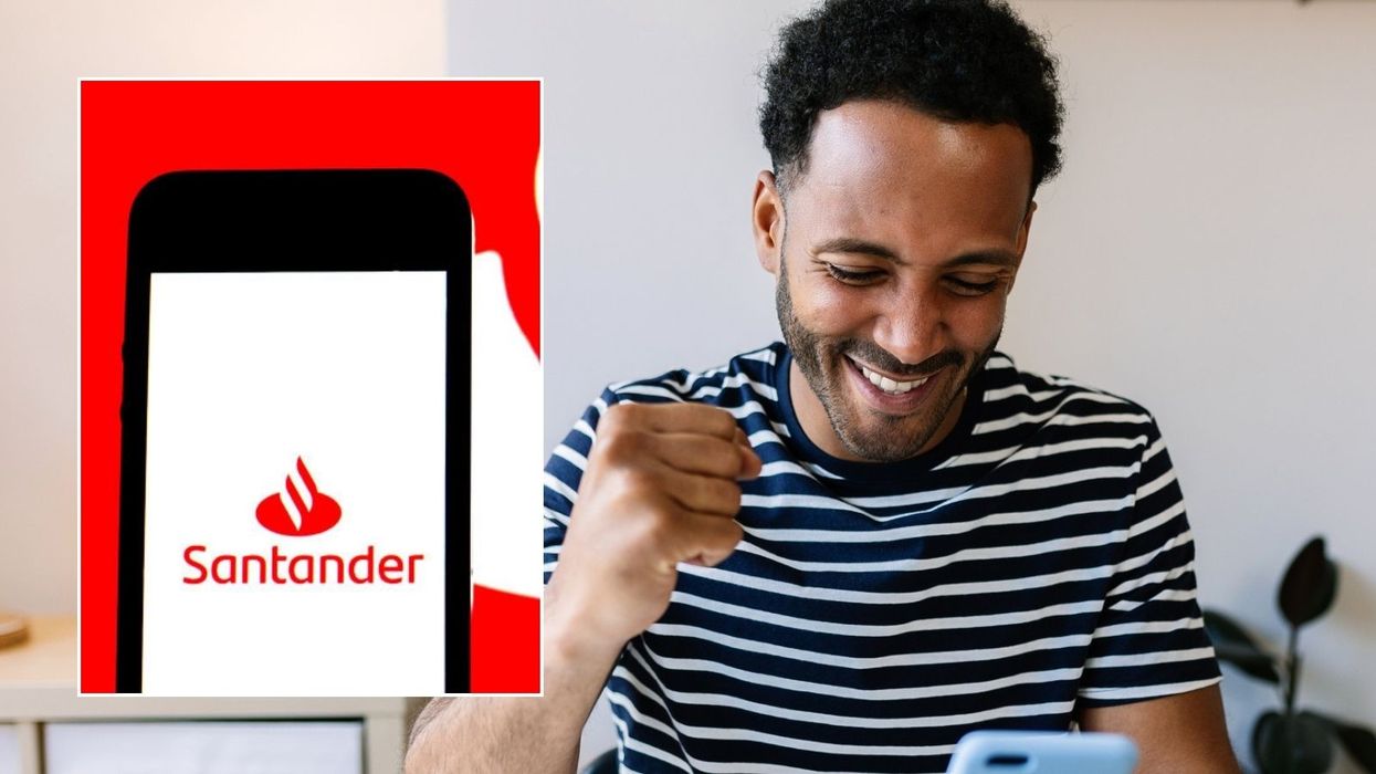 Man looking happy at phone and Santander logo