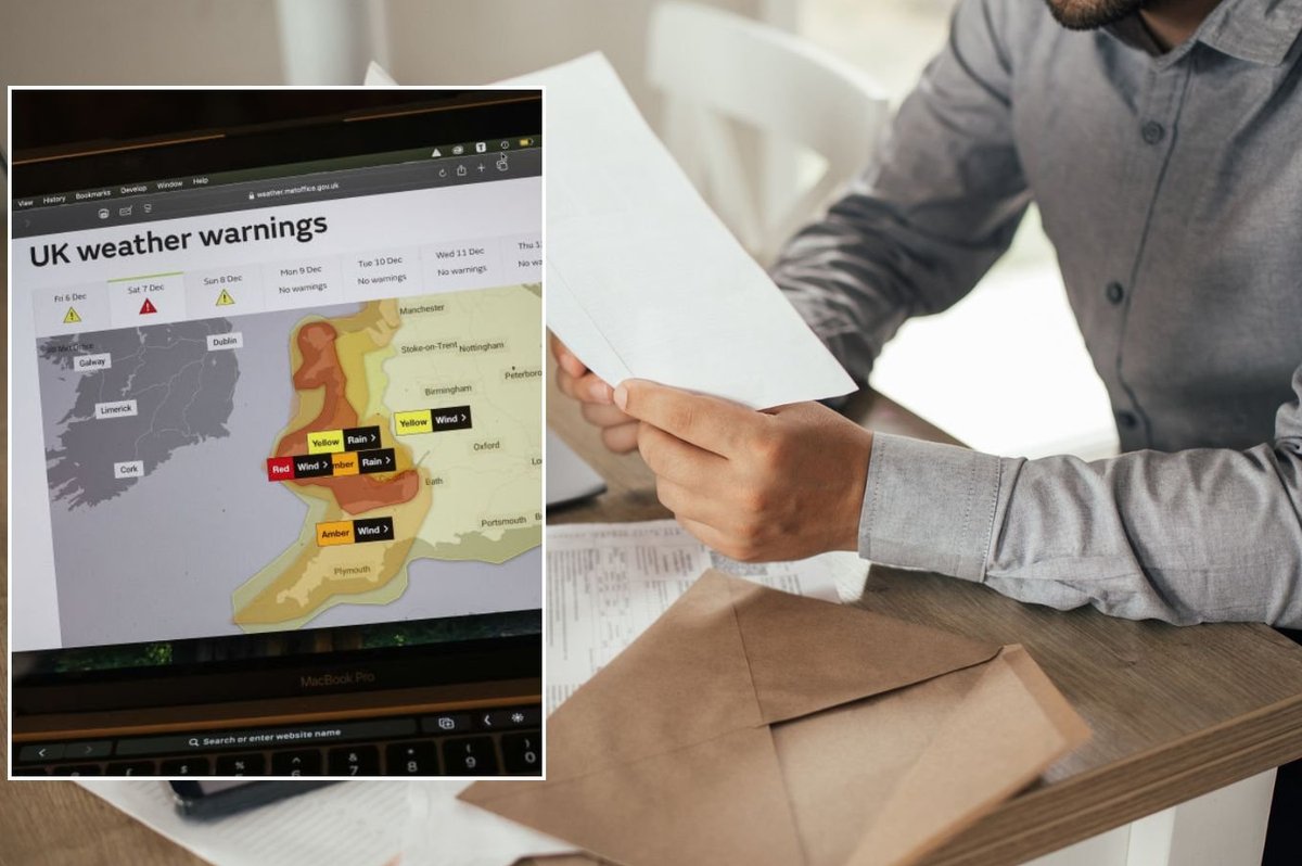 Man looking over finances and UK weather warning