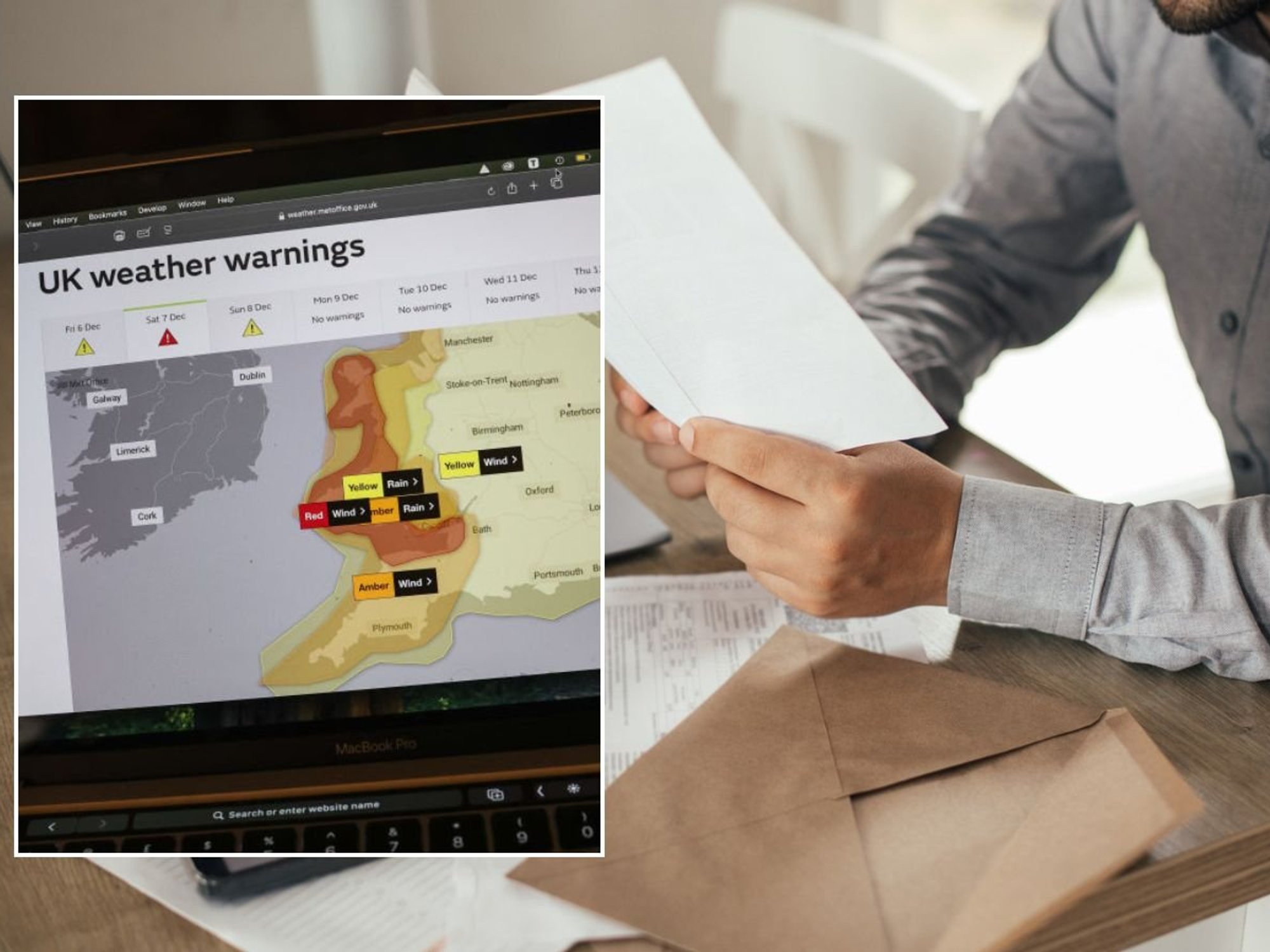 Man looking over finances and UK weather warning