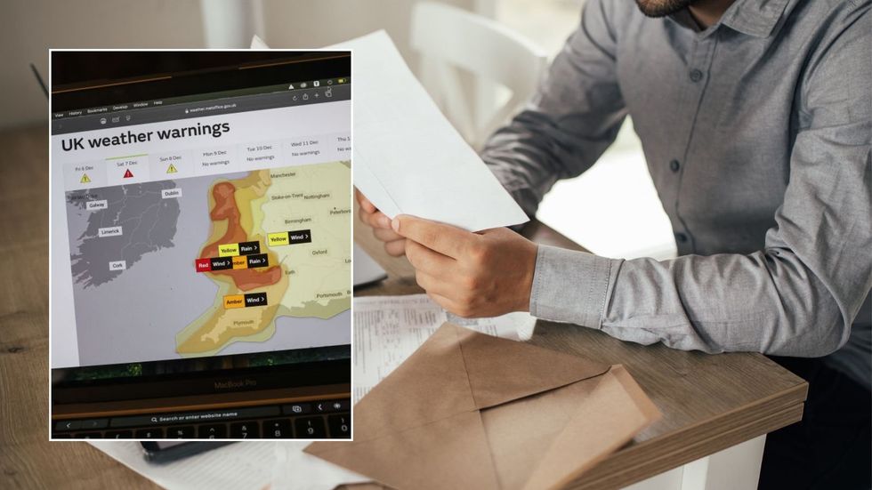 Man looking over finances and UK weather warning