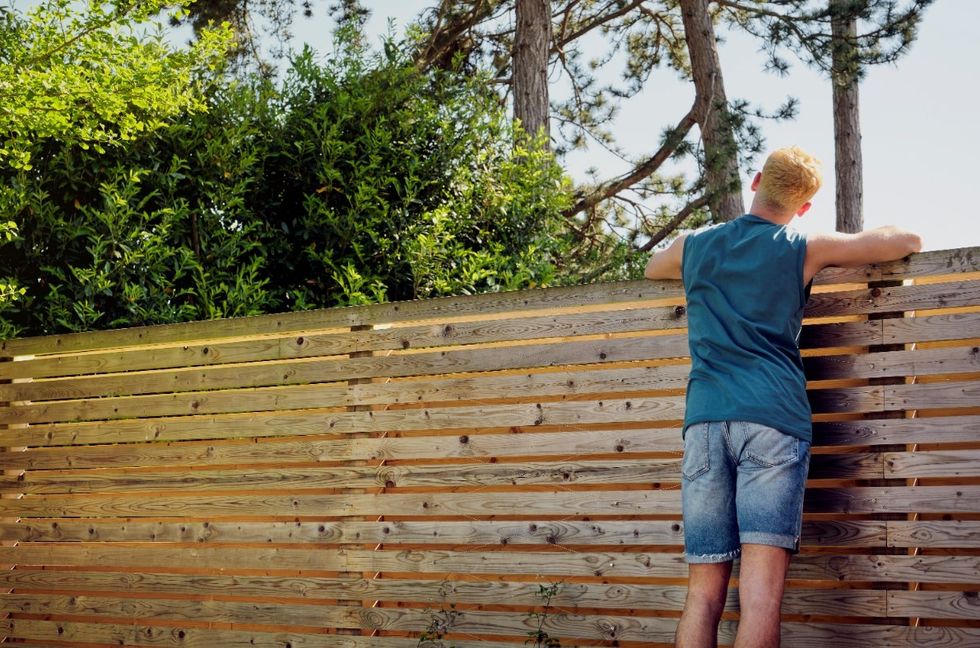 Man looking over garden fence