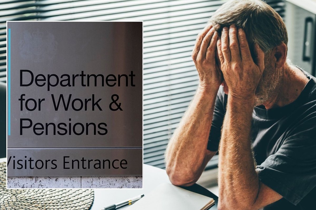 Man looking sad and DWP sign