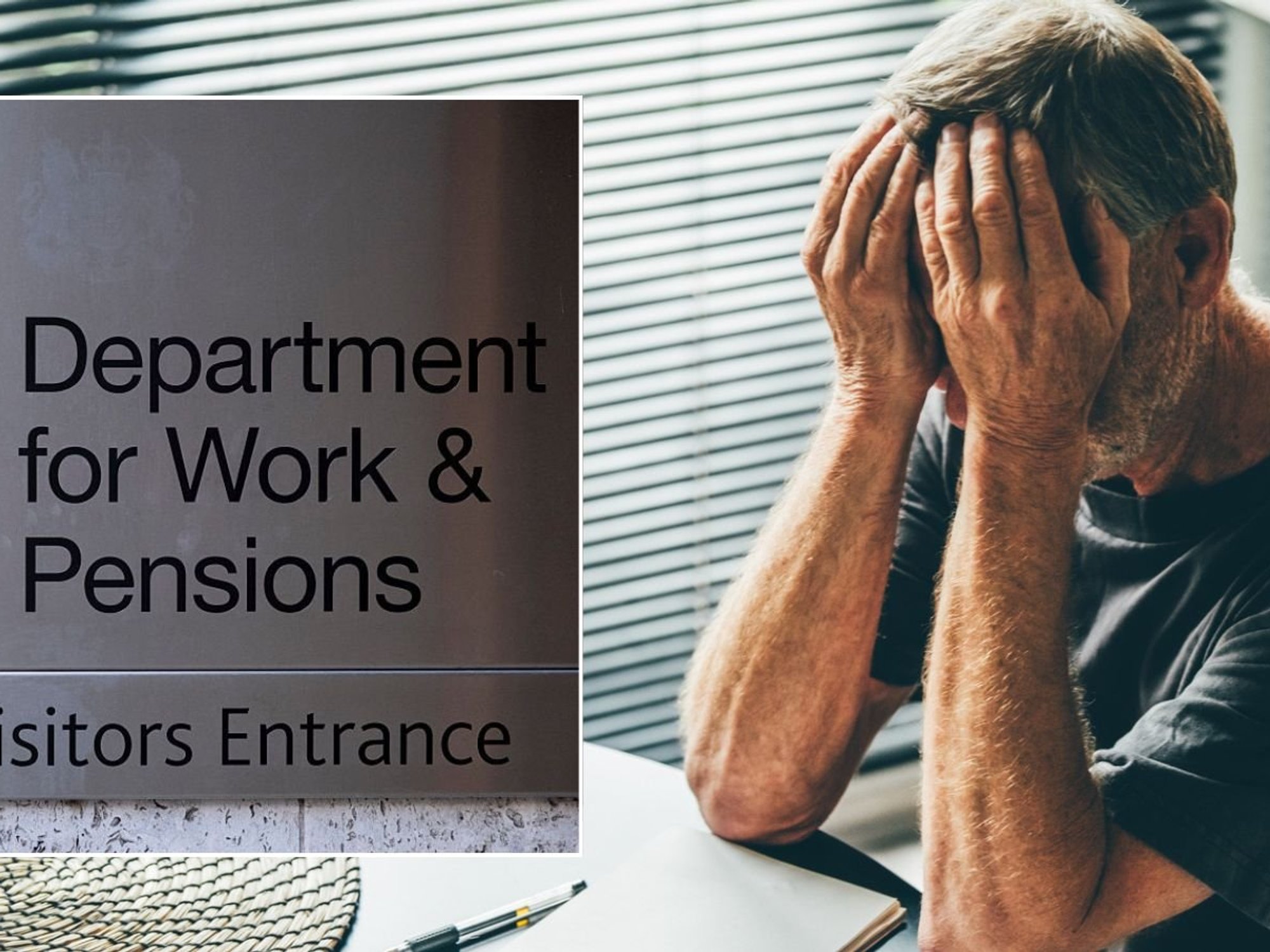 Man looking sad and DWP sign