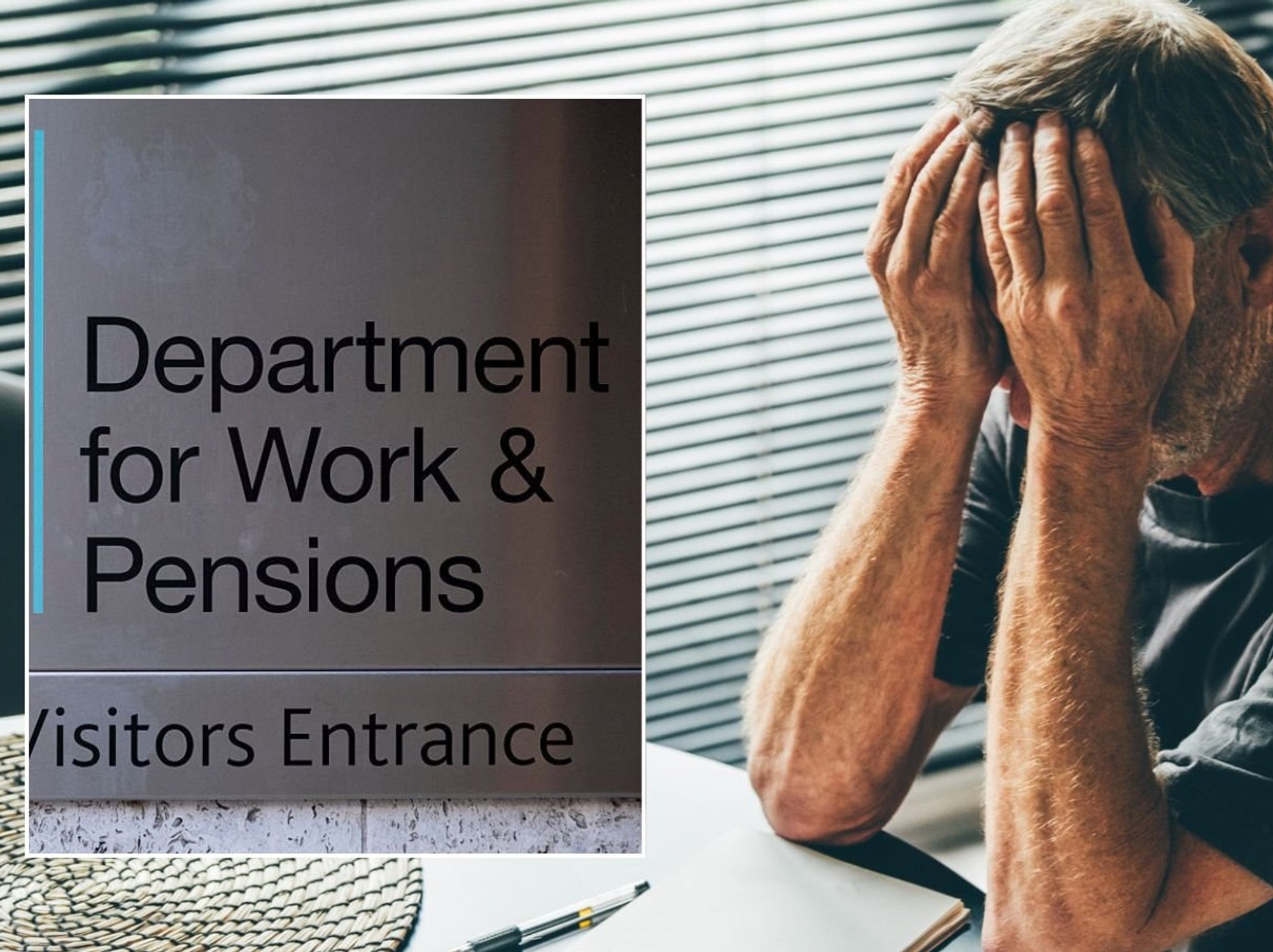 Man looking sad and DWP sign