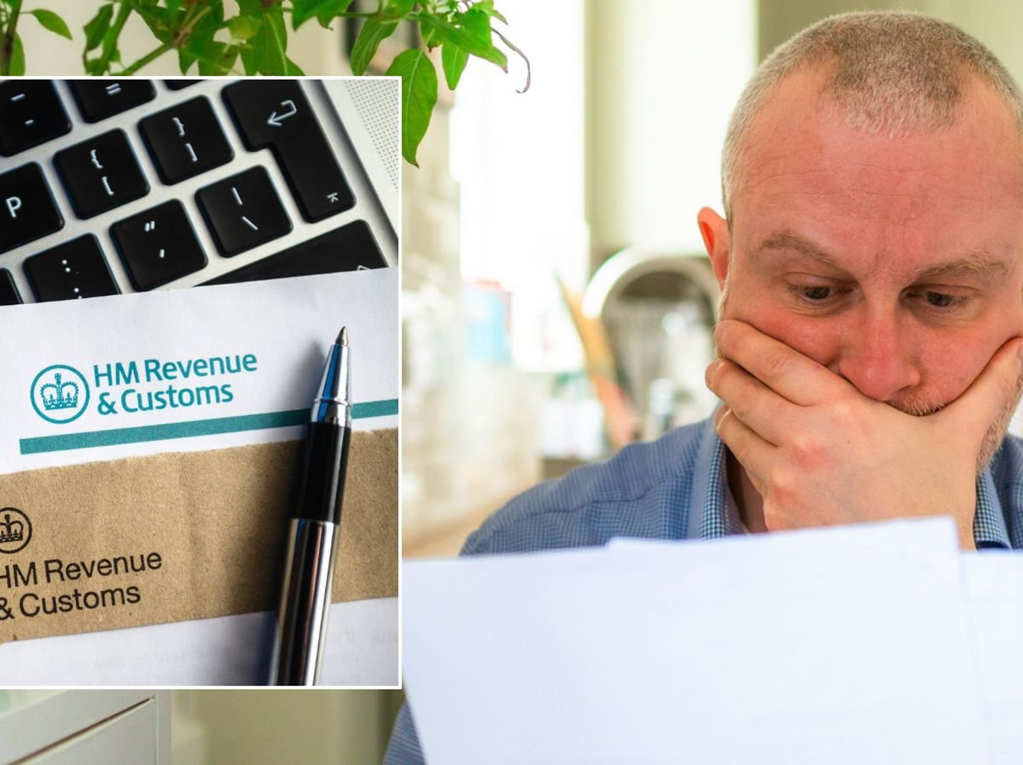 Man looking shocked and HMRC letter