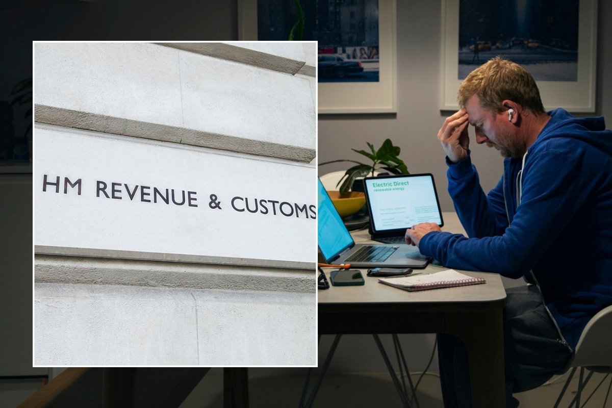 Man looking stressed and HMRC sign