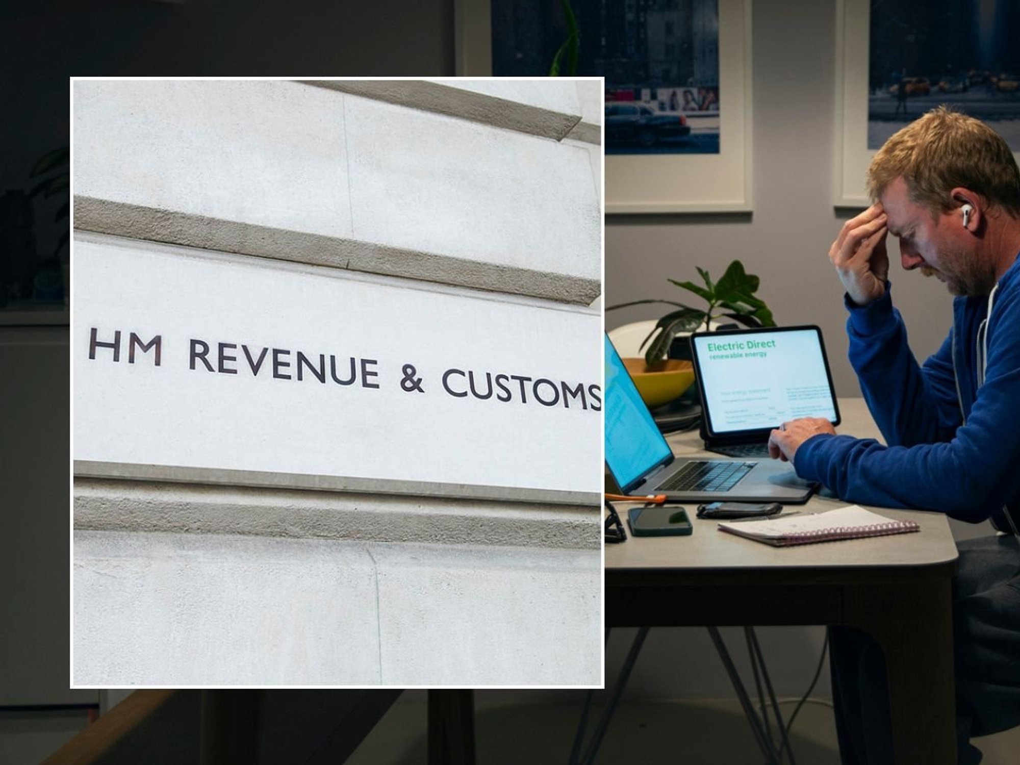 Man looking stressed and HMRC sign