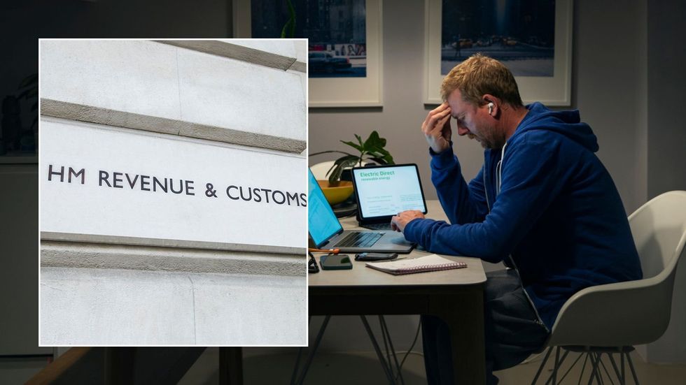 Man looking stressed and HMRC sign
