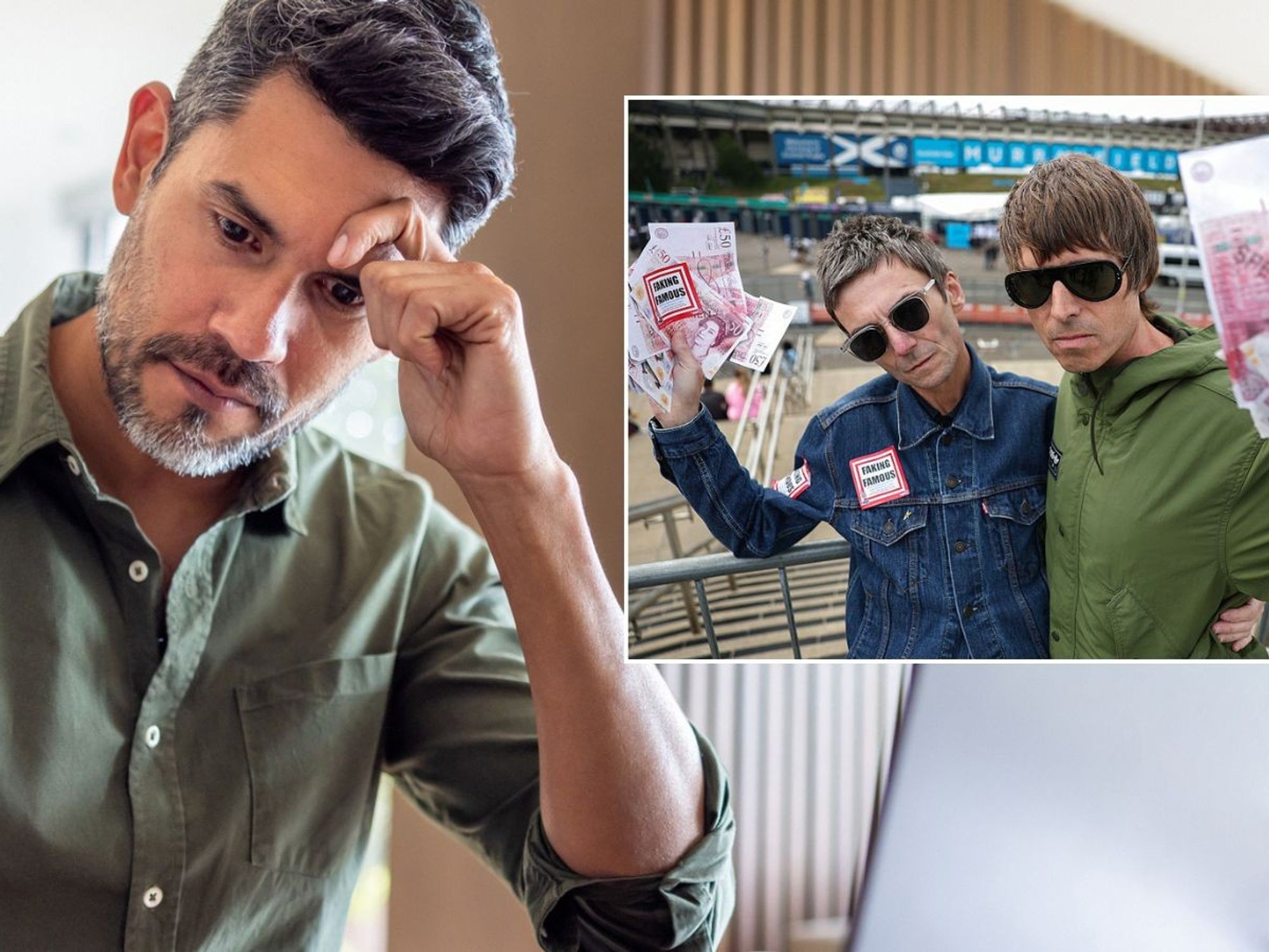 Man looking stressed and Oasis at Murrayfield