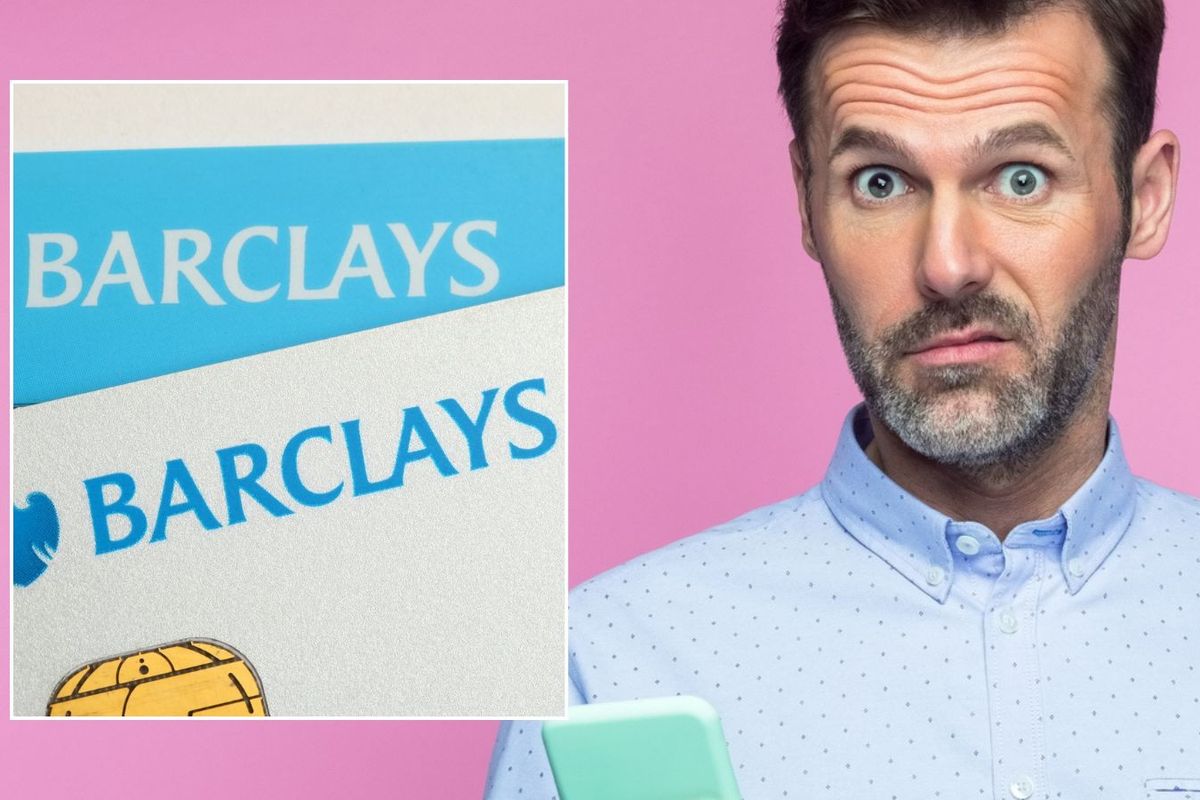 Man looking worried and Barclays cards