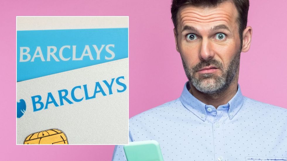 Man looking worried and Barclays cards