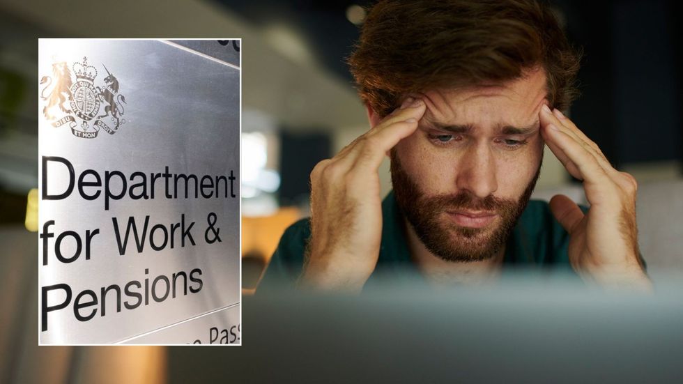 Man looking worried and DWP sign
