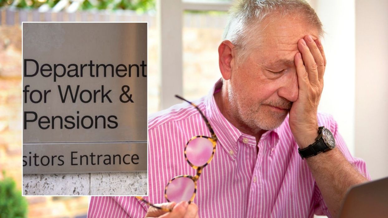 Man looking worried and DWP sign