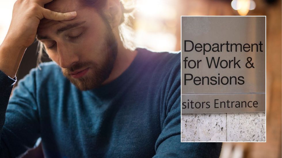 Man looking worried and DWP sign
