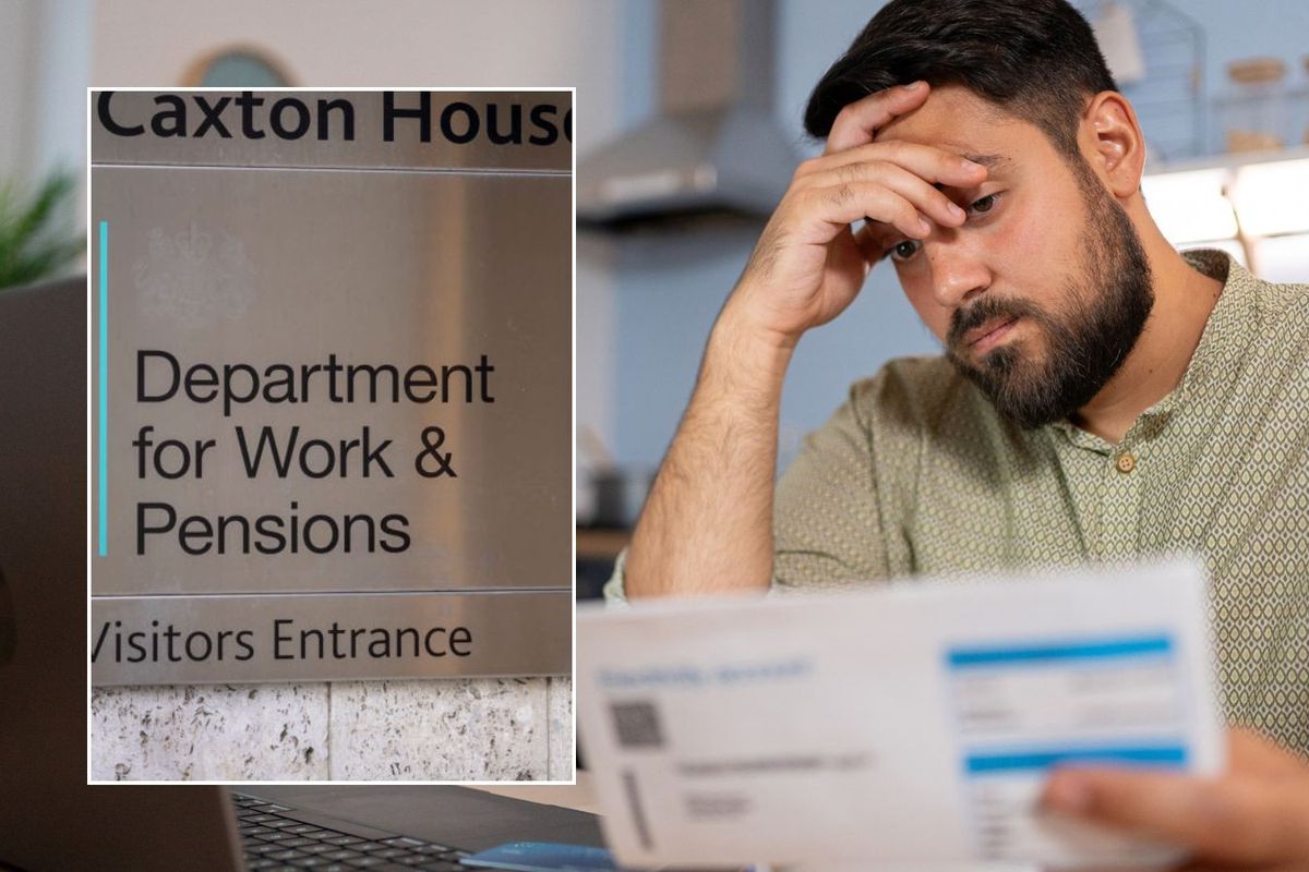 Man looking worried and DWP sign