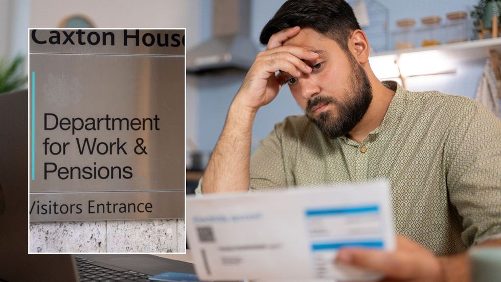 Man looking worried and DWP sign