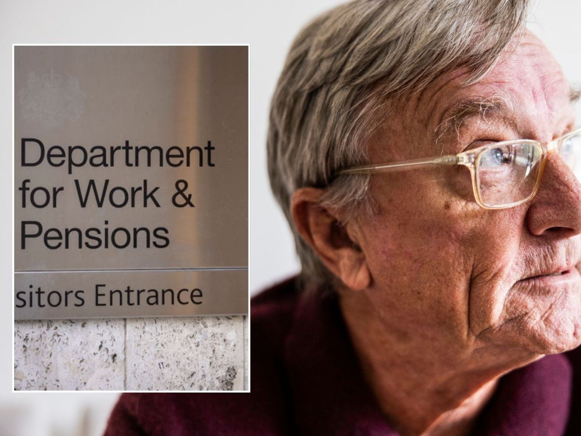 Man looking worried and DWP sign