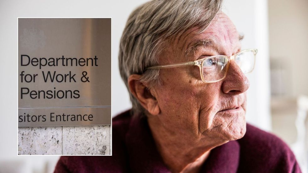 Man looking worried and DWP sign