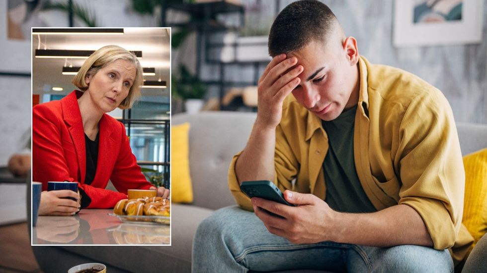 Man looking worried and Emma Reynolds