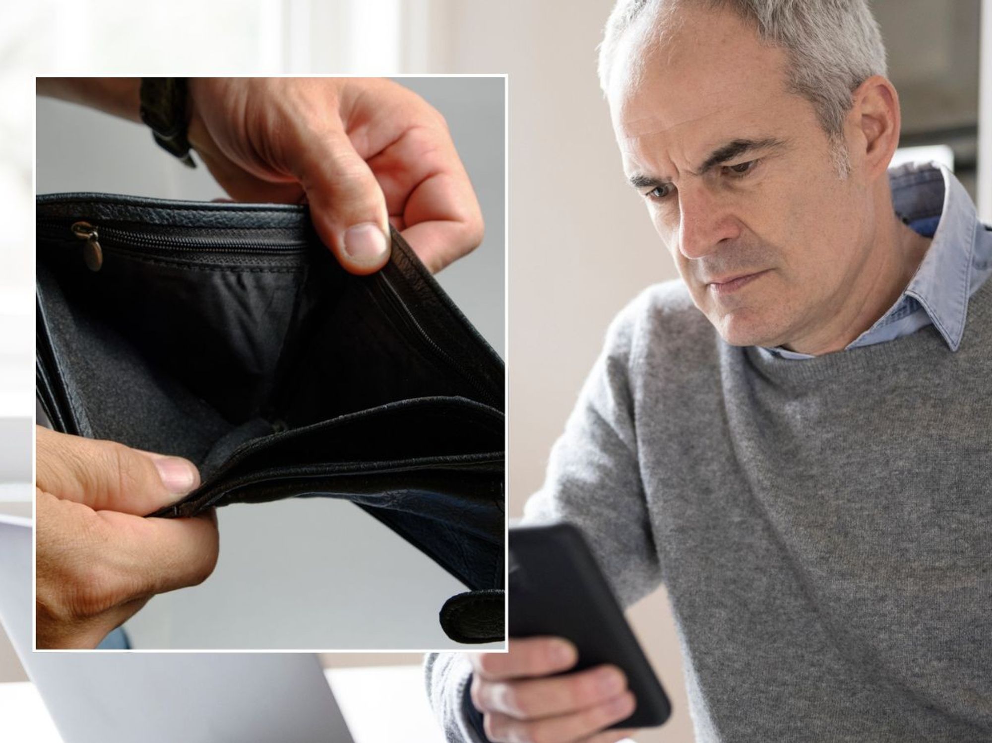 Man looking worried and empty wallet
