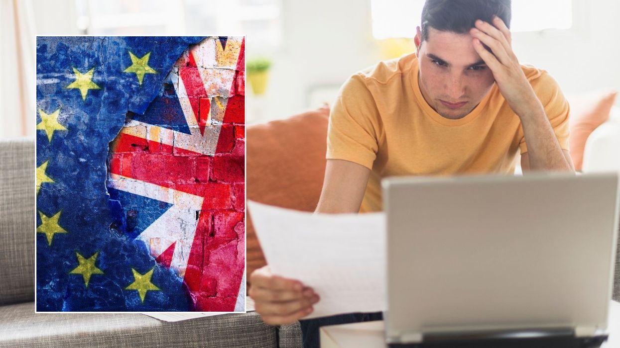 Man looking worried and EU/UK flags