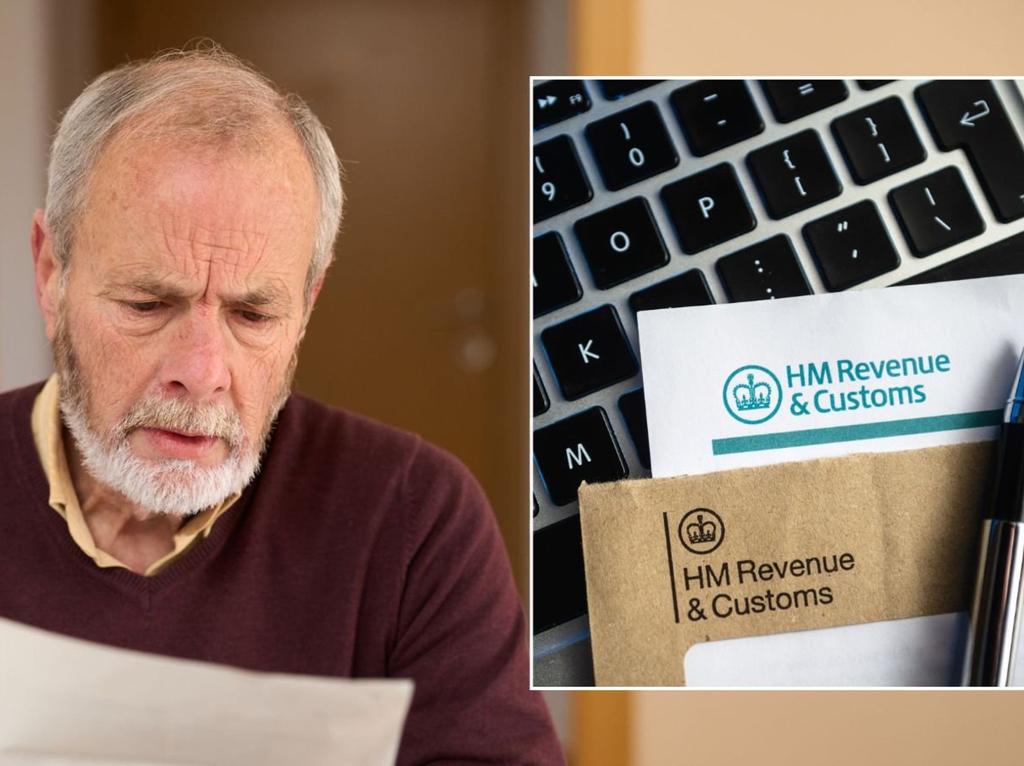 Man looking worried and HMRC letter