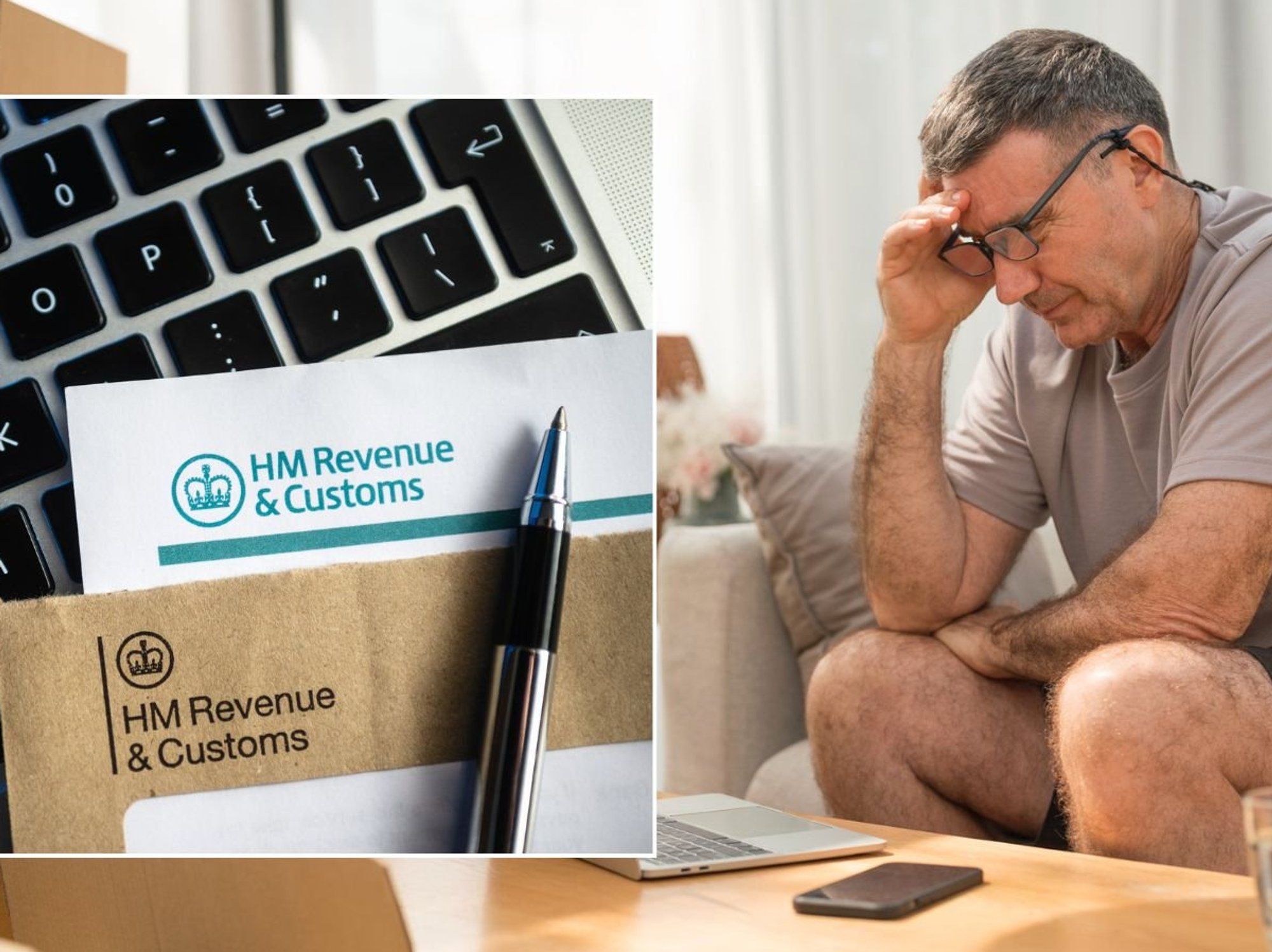Man looking worried and HMRC letter