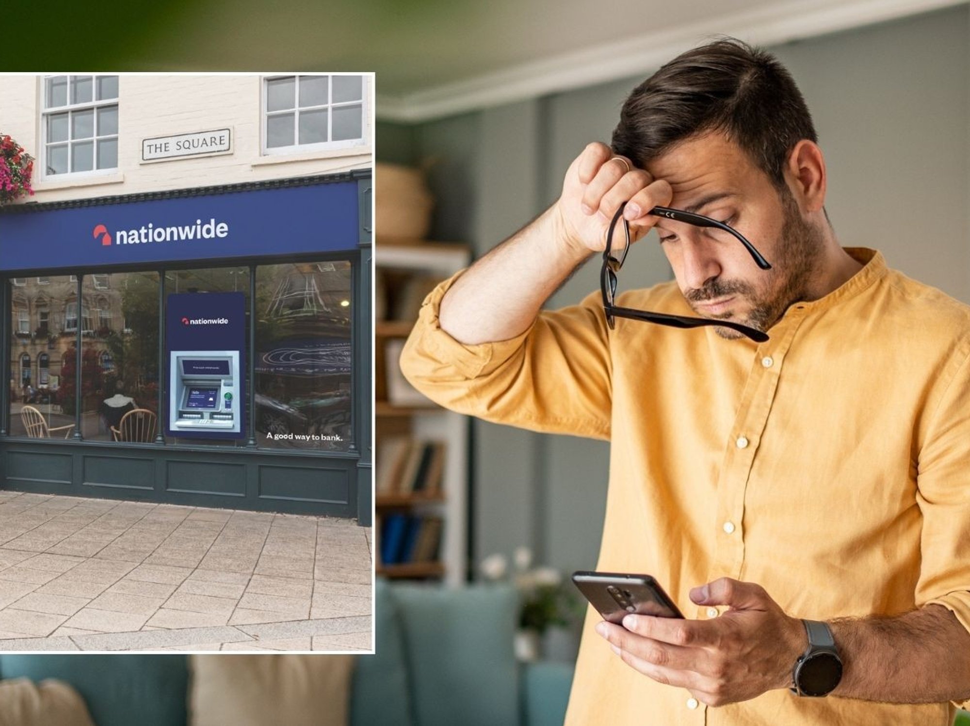Man looking worried and Nationwide Building Society