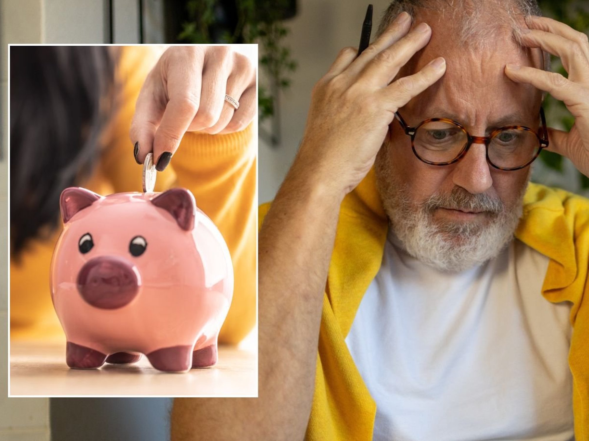 Man looking worried and piggy bank
