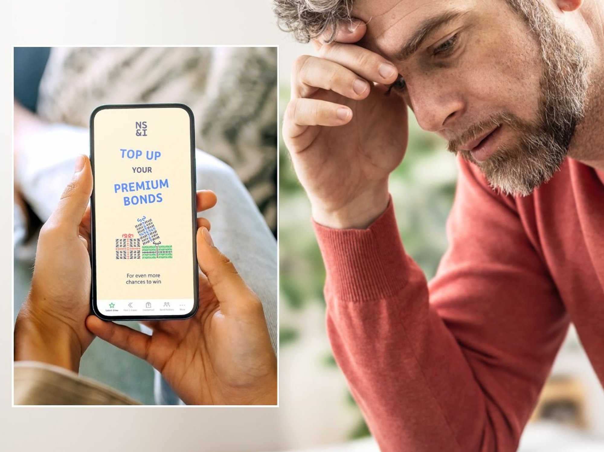 Man looking worried and Premium Bonds checker on phone