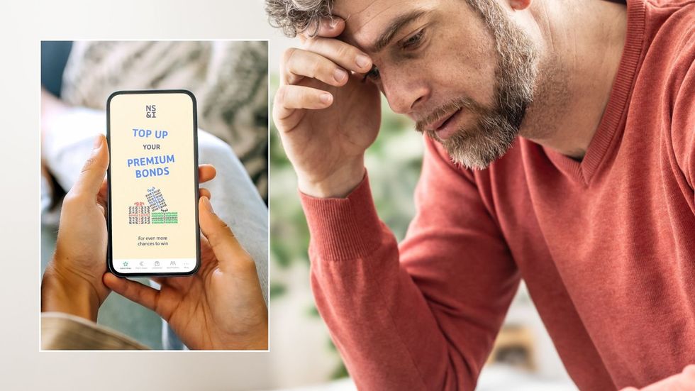 Man looking worried and Premium Bonds checker on phone