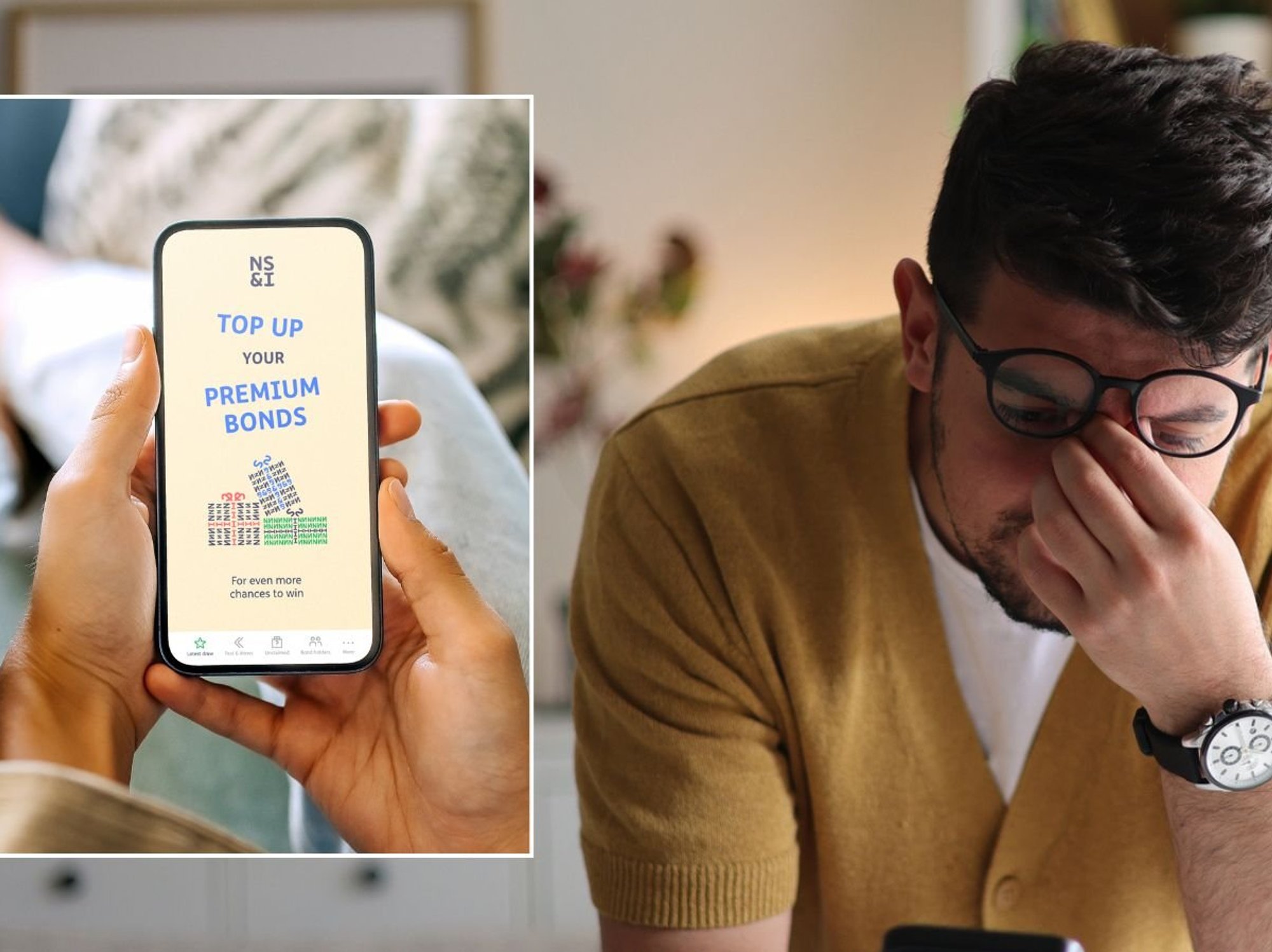 Man looking worried and Premium Bonds on phone