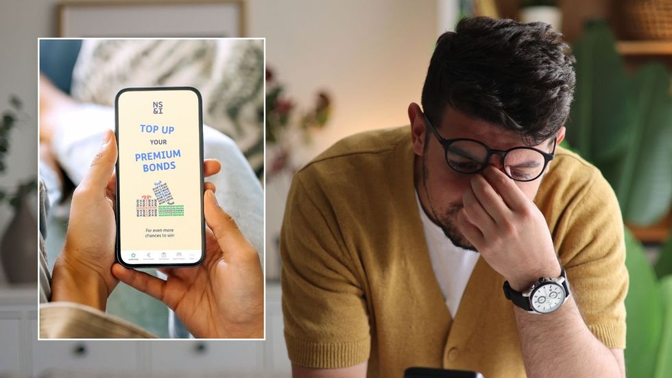 Man looking worried and Premium Bonds on phone