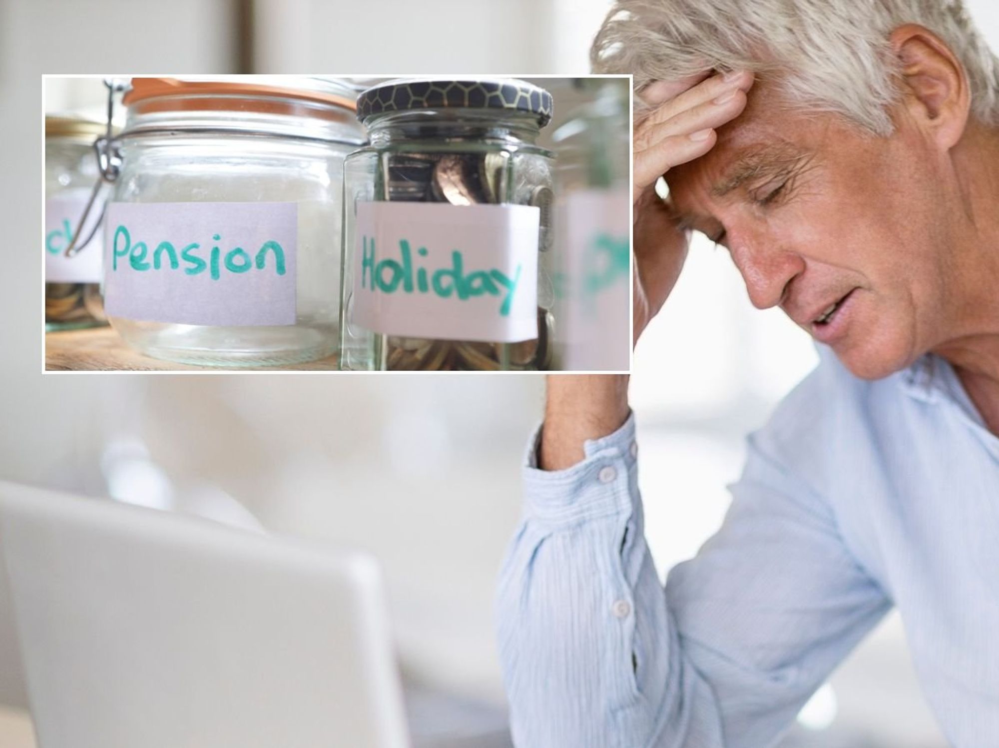 Man looking worried and savings pots