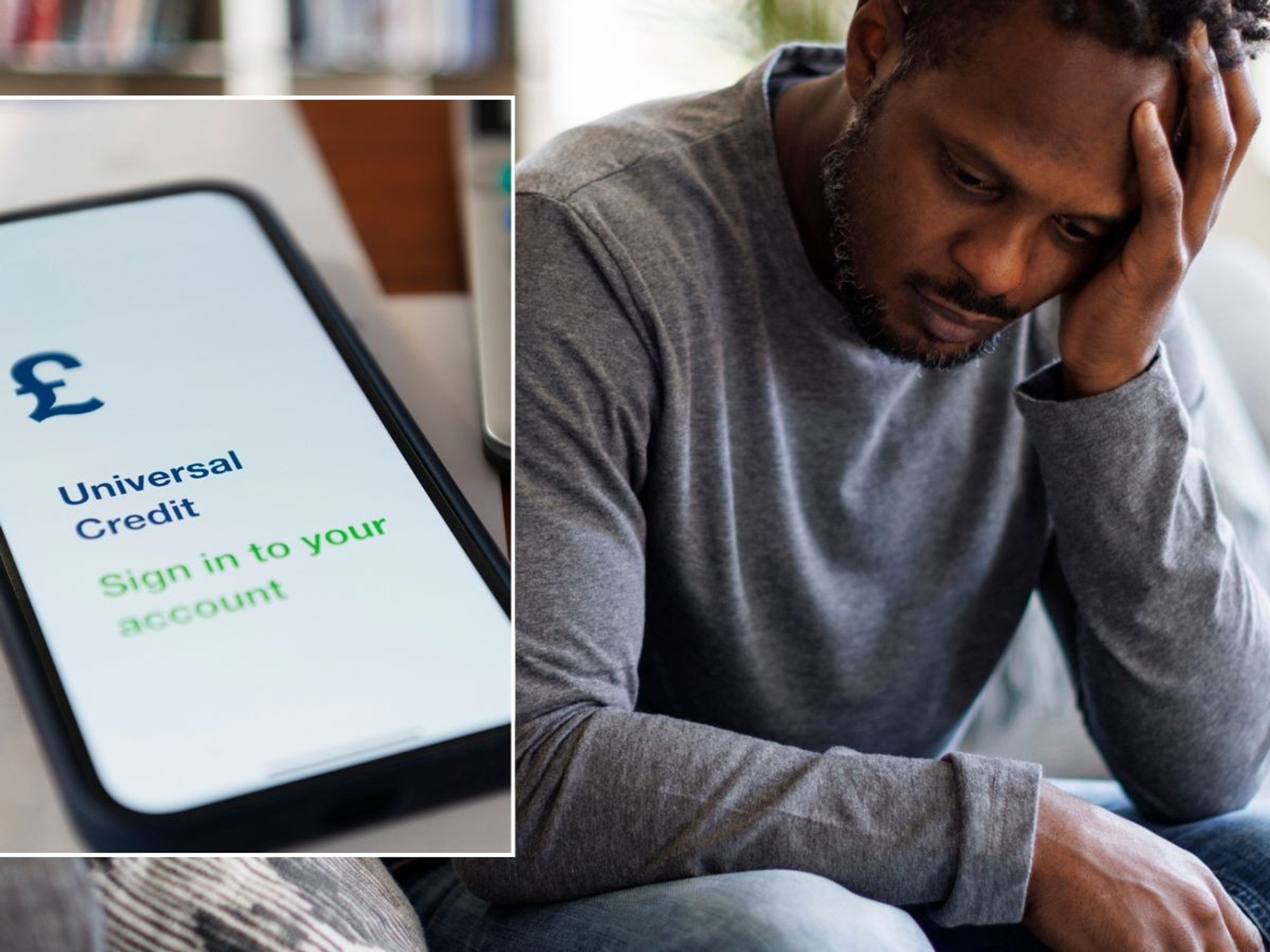 Man looking worried and Universal Credit