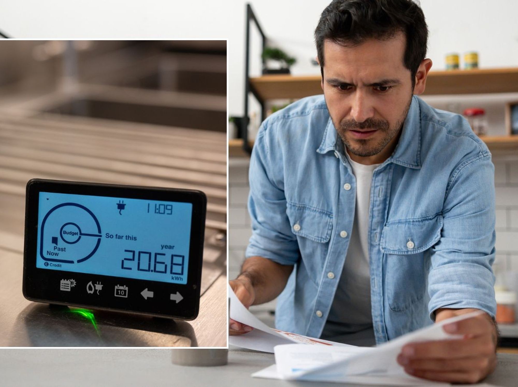 Man looking worried at letter and smart meter