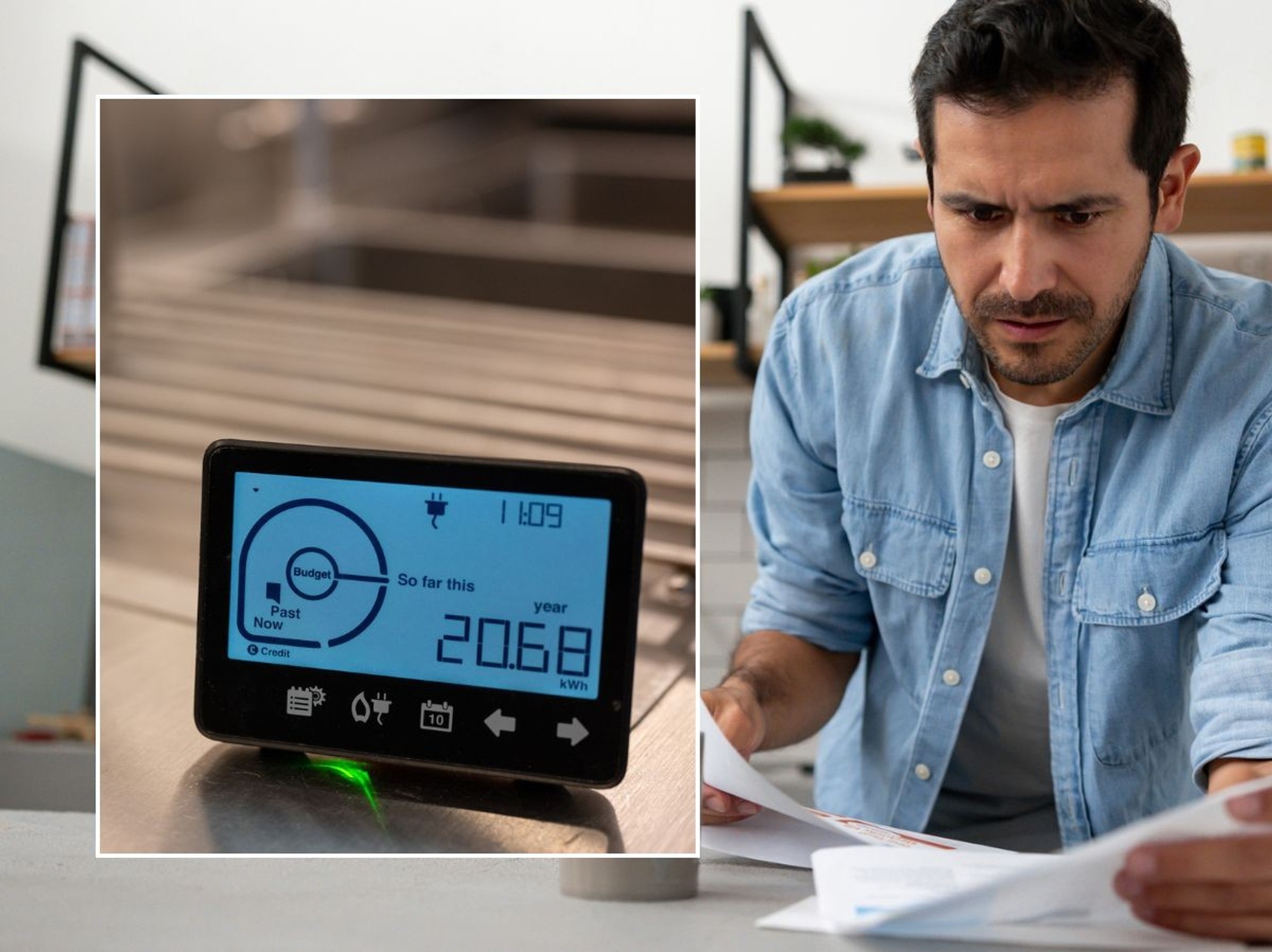 Man looking worried at letter and smart meter