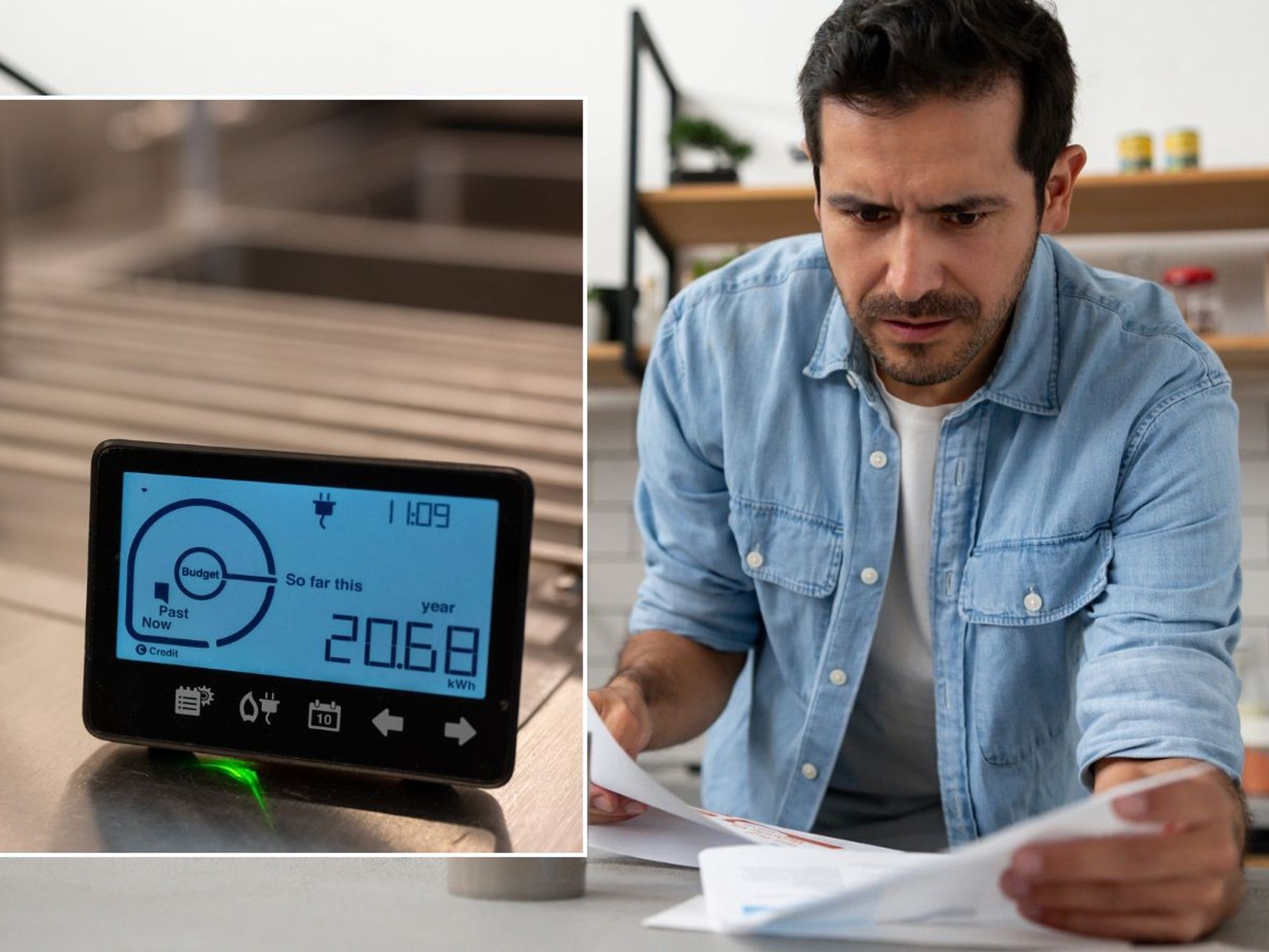 Man looking worried at letter and smart meter