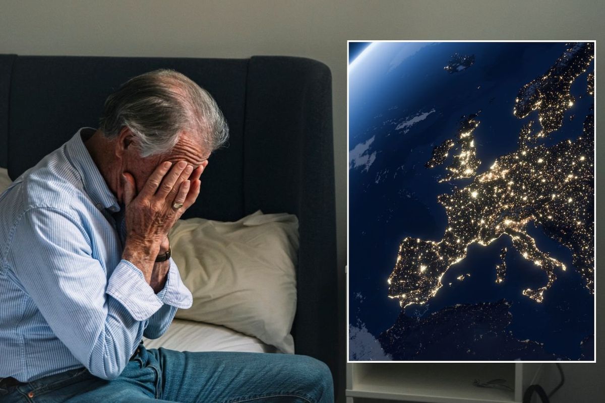 Man looking worried, picture of Europe from space