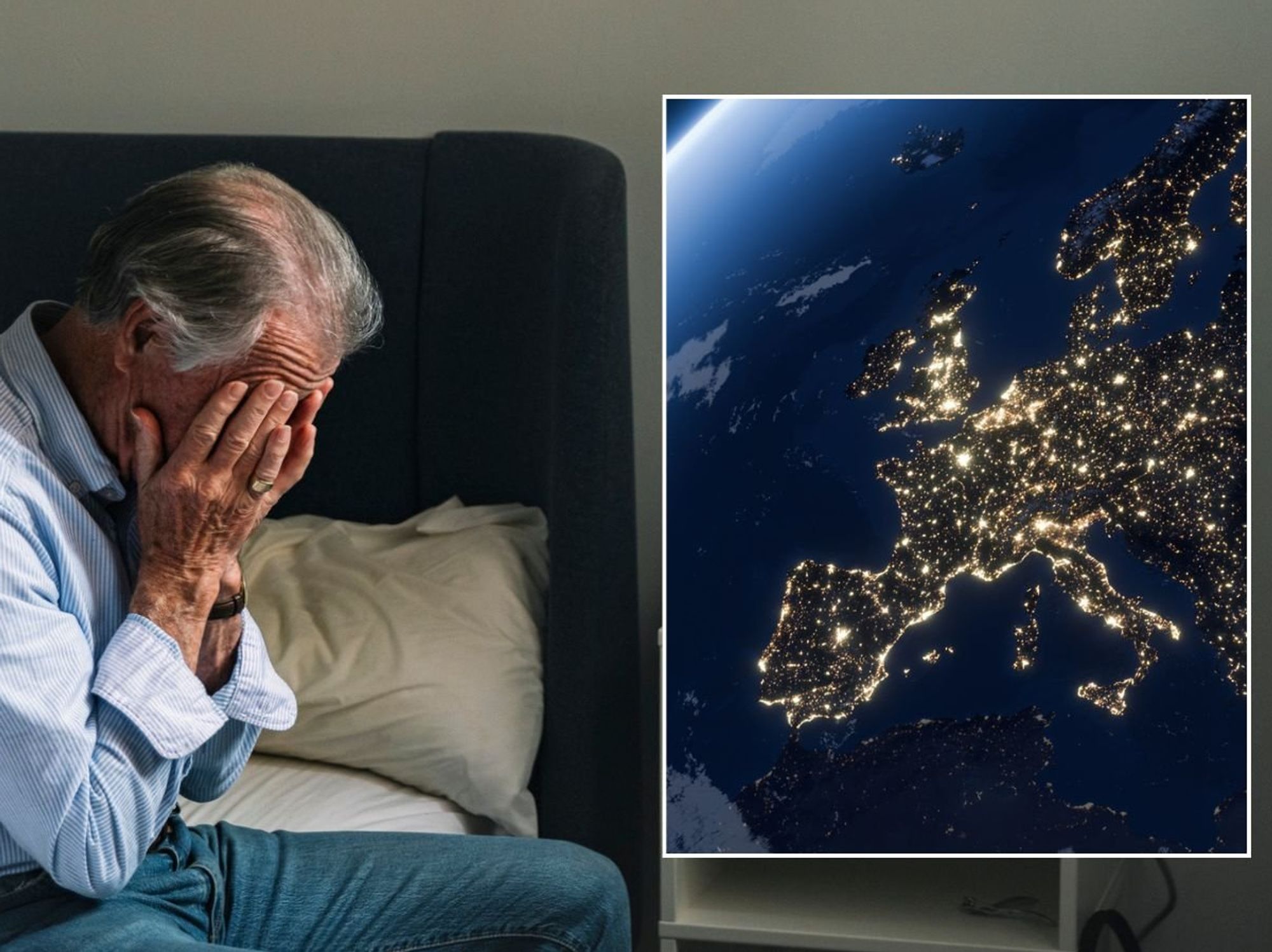 Man looking worried, picture of Europe from space