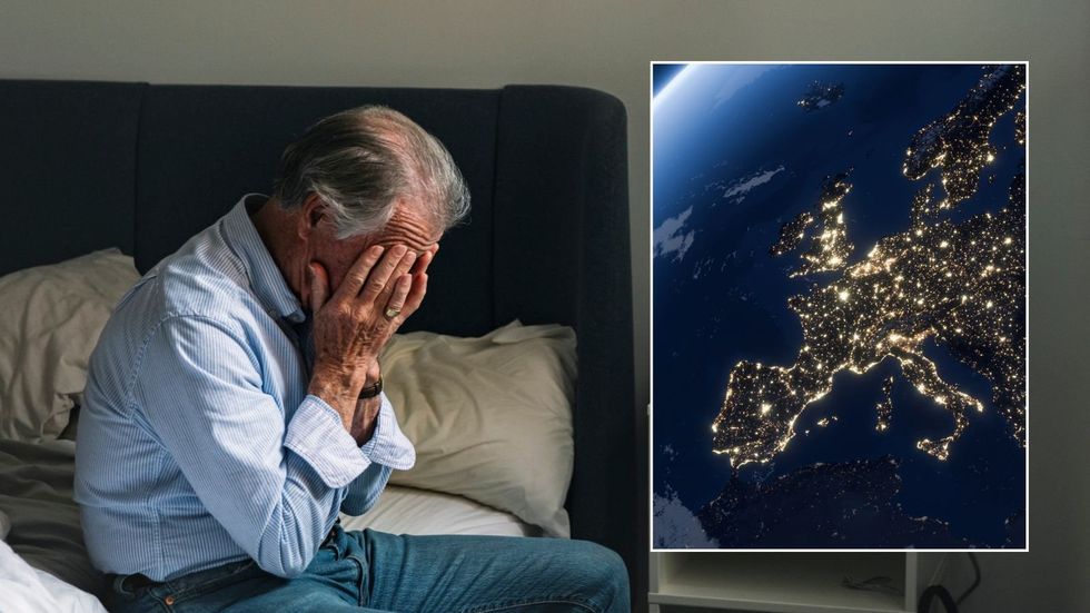Man looking worried, picture of Europe from space