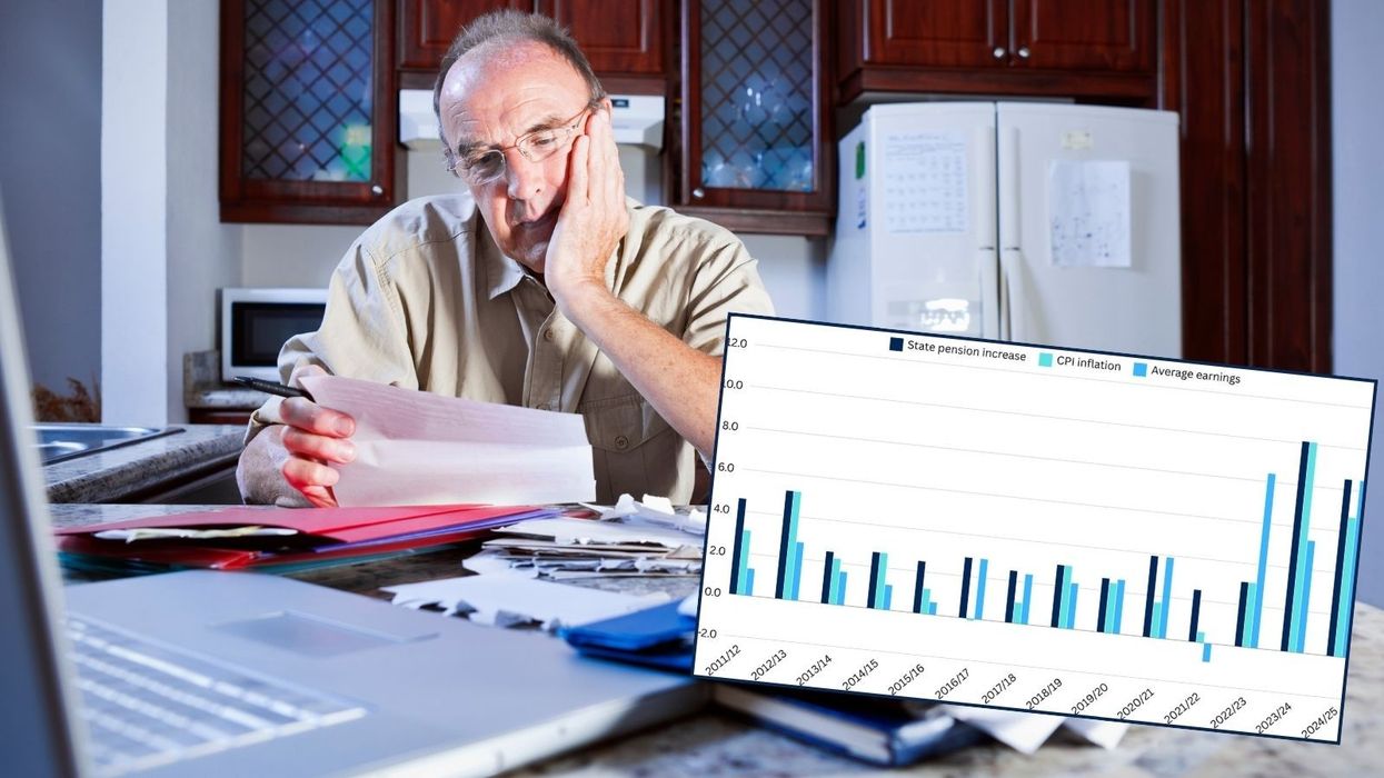 Man looks at bank statement and chart in pictures