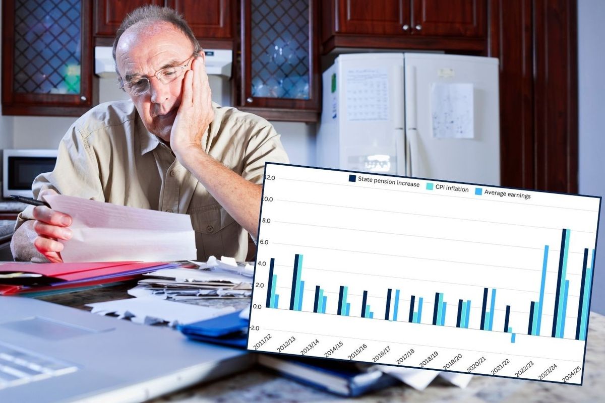 Man looks at bank statement and chart in pictures