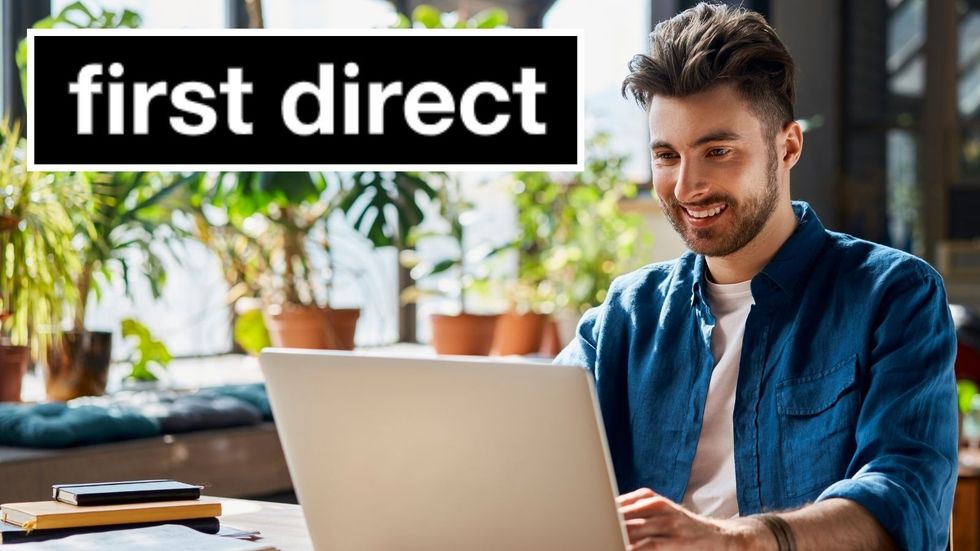 Man looks happy at laptop and first direct logo in corner of image