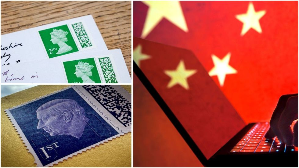 Man on laptop with Chinese flag in backgroup, second class stamps and first class stamp