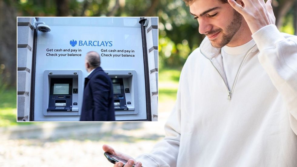 Man on phone and Barclays bank