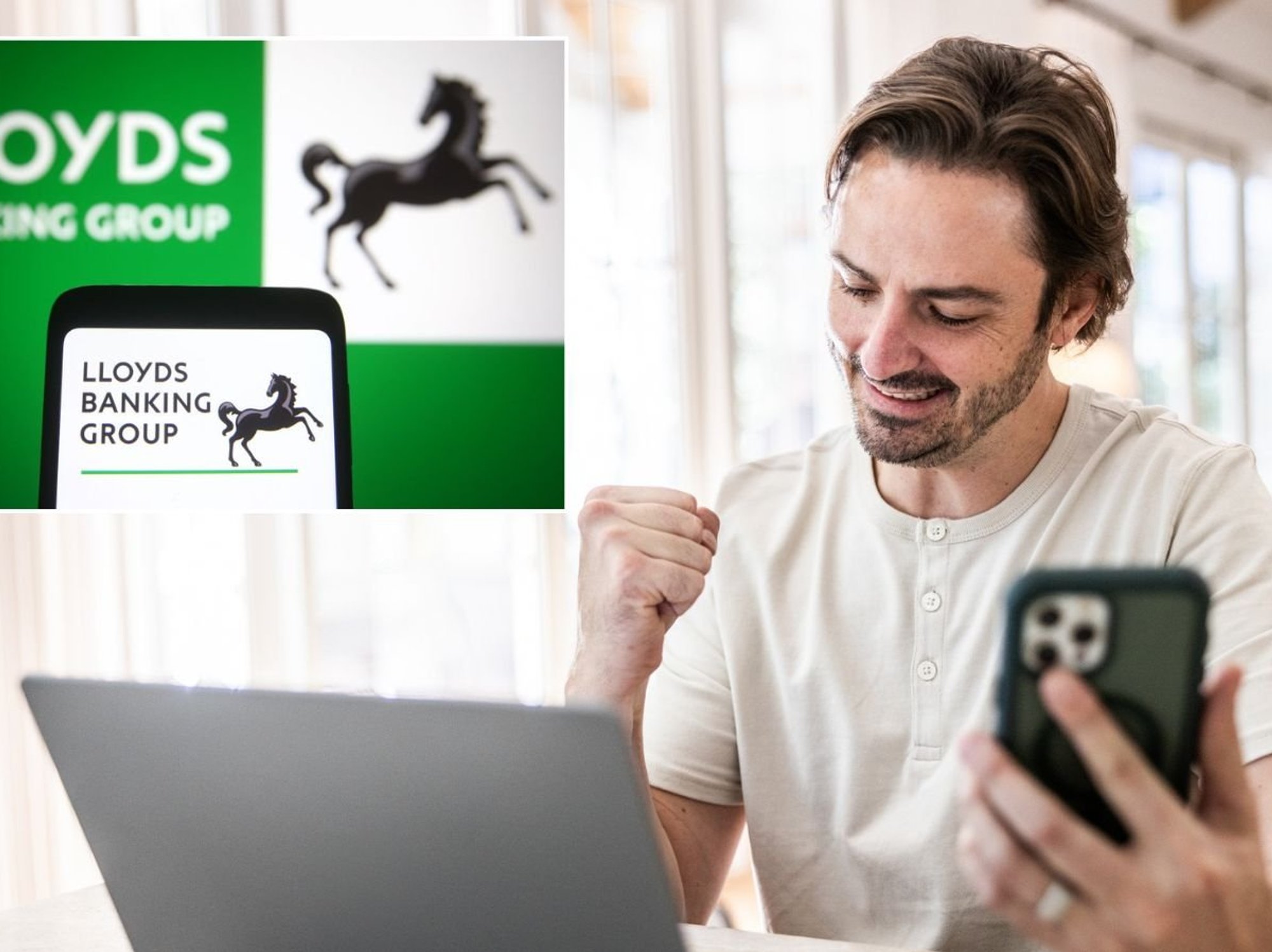 Man on phone and Lloyds Bank app