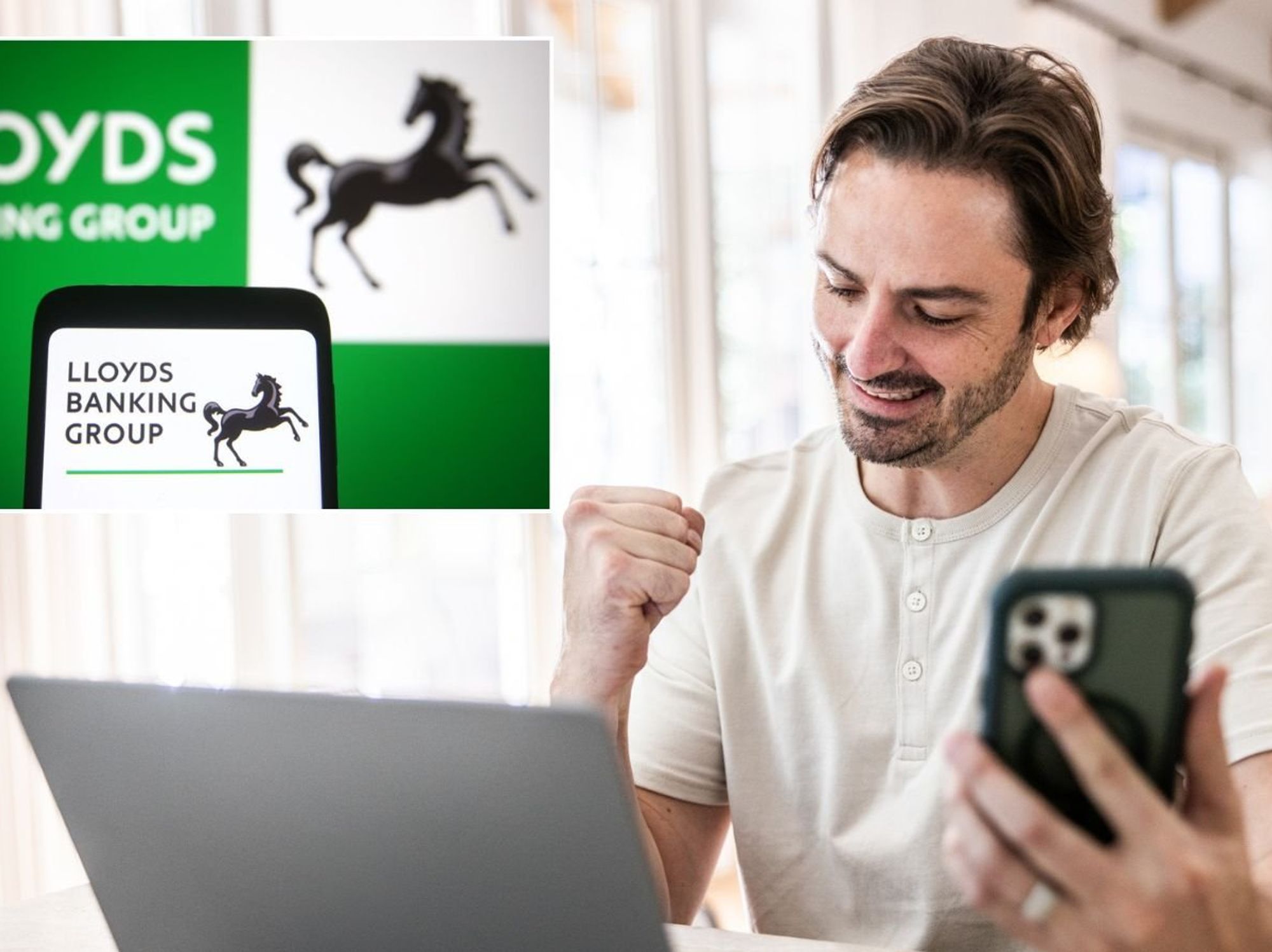Man on phone and Lloyds Bank app