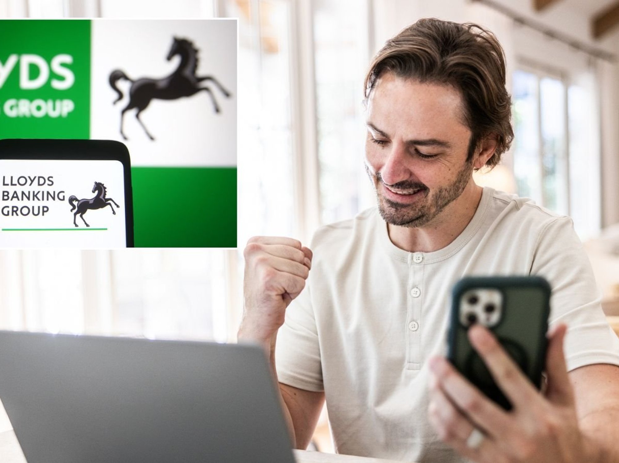 Man on phone and Lloyds Bank app