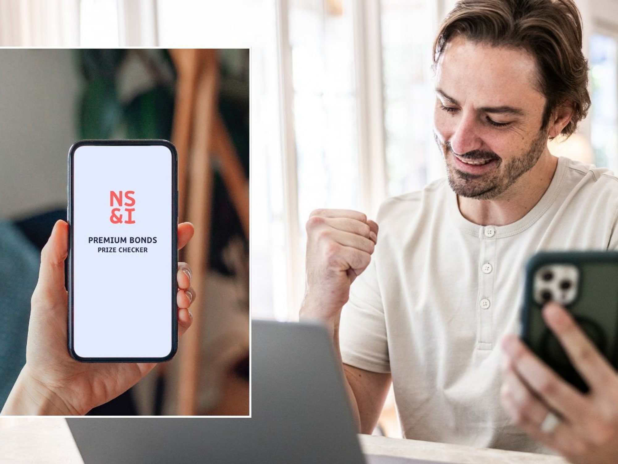 Man on phone and NS&I Premium Bonds prize checker